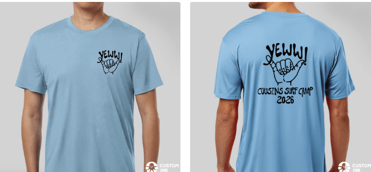 Front and back of the Yeww! Cousins Surf Camp rash guard